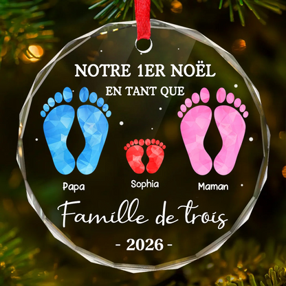Décoration en verre personnalisée « Notre premier Noël en famille à trois » Ornement de Noël