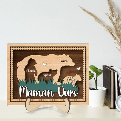 Décoration en bois personnalisé à 2 couches « Maman Ourse » avec motif d’ours