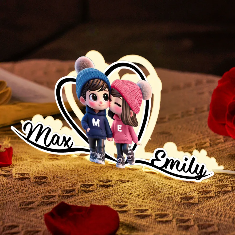 Joli couple et cœur - Boîte lumineuse personnalisée avec prénoms - Cadeau pour la Saint-Valentin