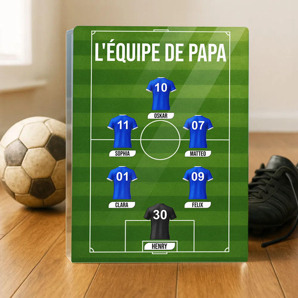 Bloc acrylique de l'équipe de football de papa avec maillots et texte Cadeau pour papa et les fans de football