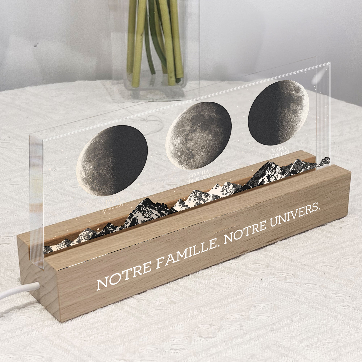 Veilleuse LED personnalisée avec phases de lune et texte – Cadeau pour papa et maman