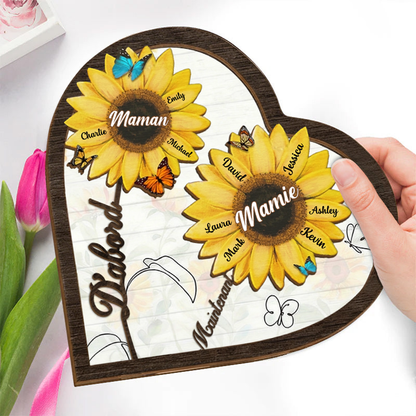 D’abord… Maintenant… – Présentoir en bois personnalisé avec tournesols – Cadeau pour maman et mamie