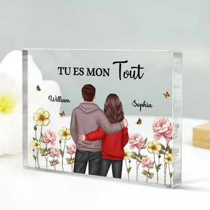 Texte, fleurs de naissance et bloc acrylique pour couple
