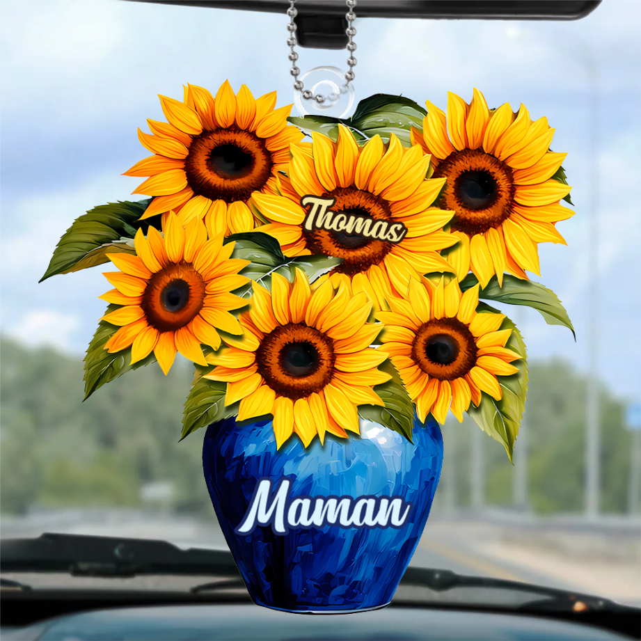 Pendentif personnalisé avec tournesols et vase pour maman et mamie