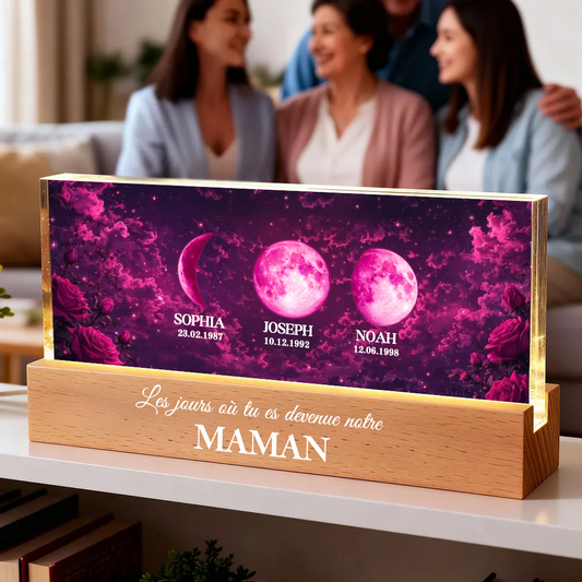 « Ces jours-là, tu es devenue notre maman » – Veilleuse LED personnalisée avec phases de lune et texte