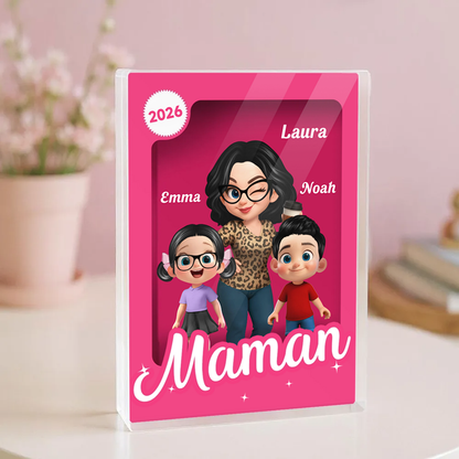Bloc en acrylique personnalisé avec une femme et 1 à 5 enfants – Cadeau pour maman et mamie
