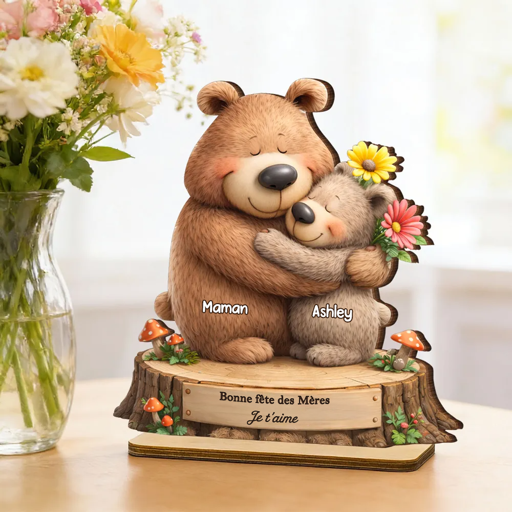 Présentoir en bois personnalisé avec motif d’ours – Cadeau pour maman et mamie
