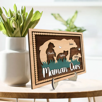 Décoration en bois personnalisé à 2 couches « Maman Ourse » avec motif d’ours