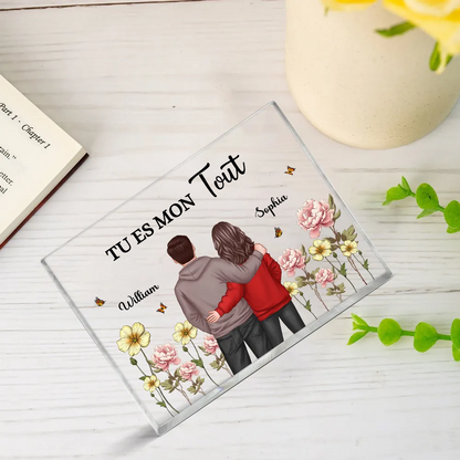 Texte, fleurs de naissance et bloc acrylique pour couple