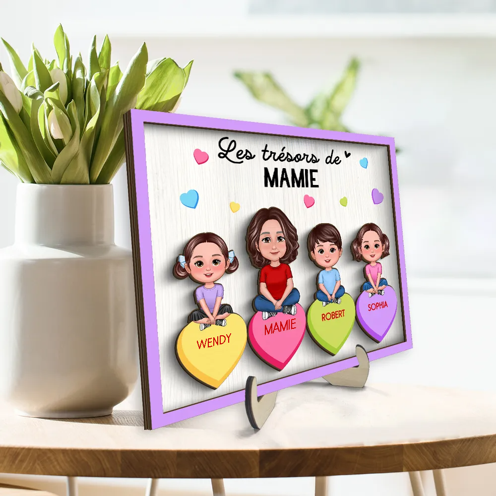 Les Trésore de mamie – Plaque en bois personnalisée pour mamie / maman avec enfants