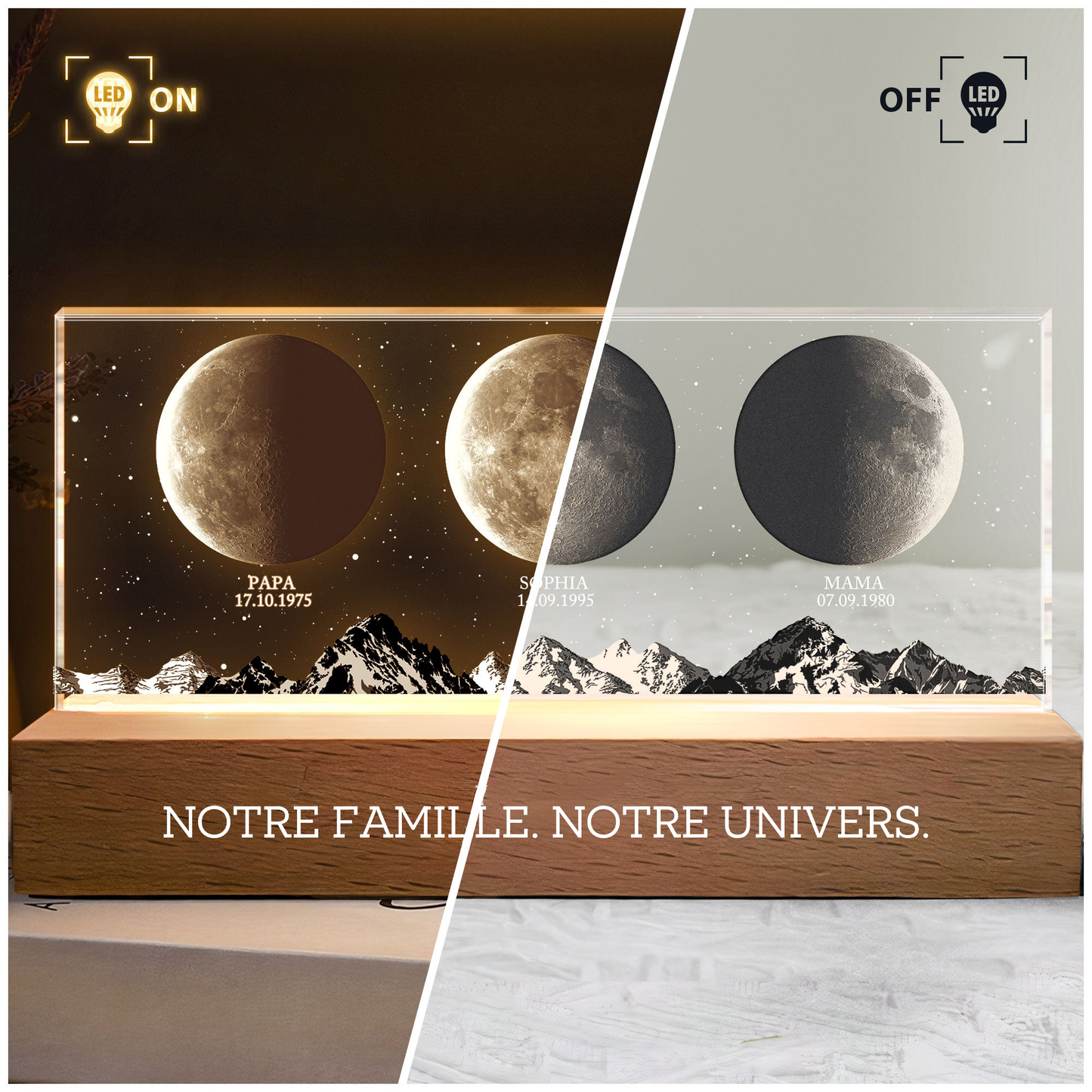 Veilleuse LED personnalisée avec phases de lune et texte – Cadeau pour papa et maman