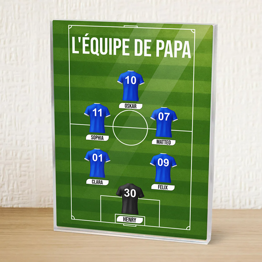 Bloc acrylique de l'équipe de football de papa avec maillots et texte Cadeau pour papa et les fans de football