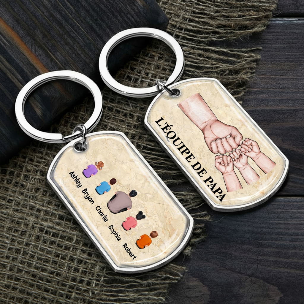 Porte-clés en acier inoxydable avec résine époxy « Papa et enfants – Poing contre poing »