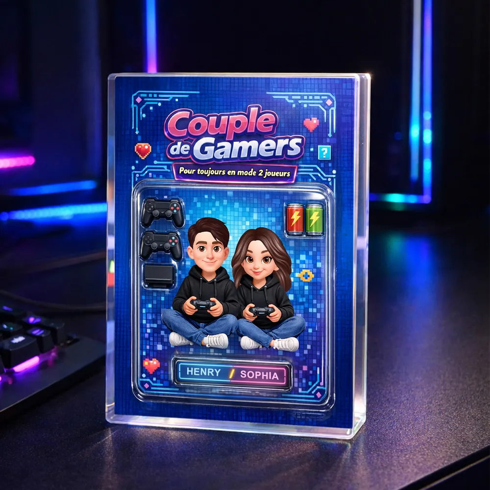 Couple de gamers – Bloc en acrylique personnalisé avec couple et prénoms