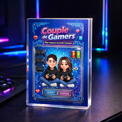 Couple de gamers – Bloc en acrylique personnalisé avec couple et prénoms