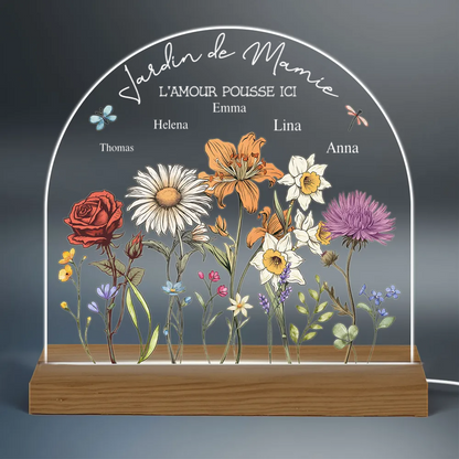 Jardin avec fleurs de naissance – Lampe de nuit personnalisée pour maman et grand-maman