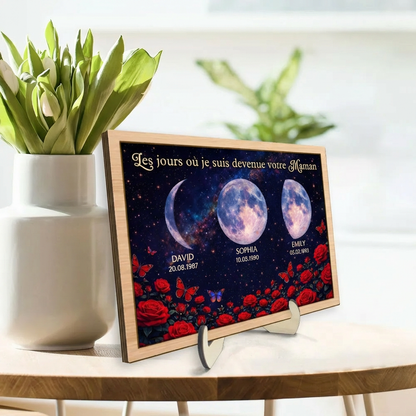 Roses et phases de lune – Présentoir en bois personnalisé – Cadeau pour maman