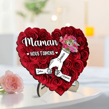 Décoration en bois personnalisé « Main dans la main » avec roses – Cadeau pour maman et mamie