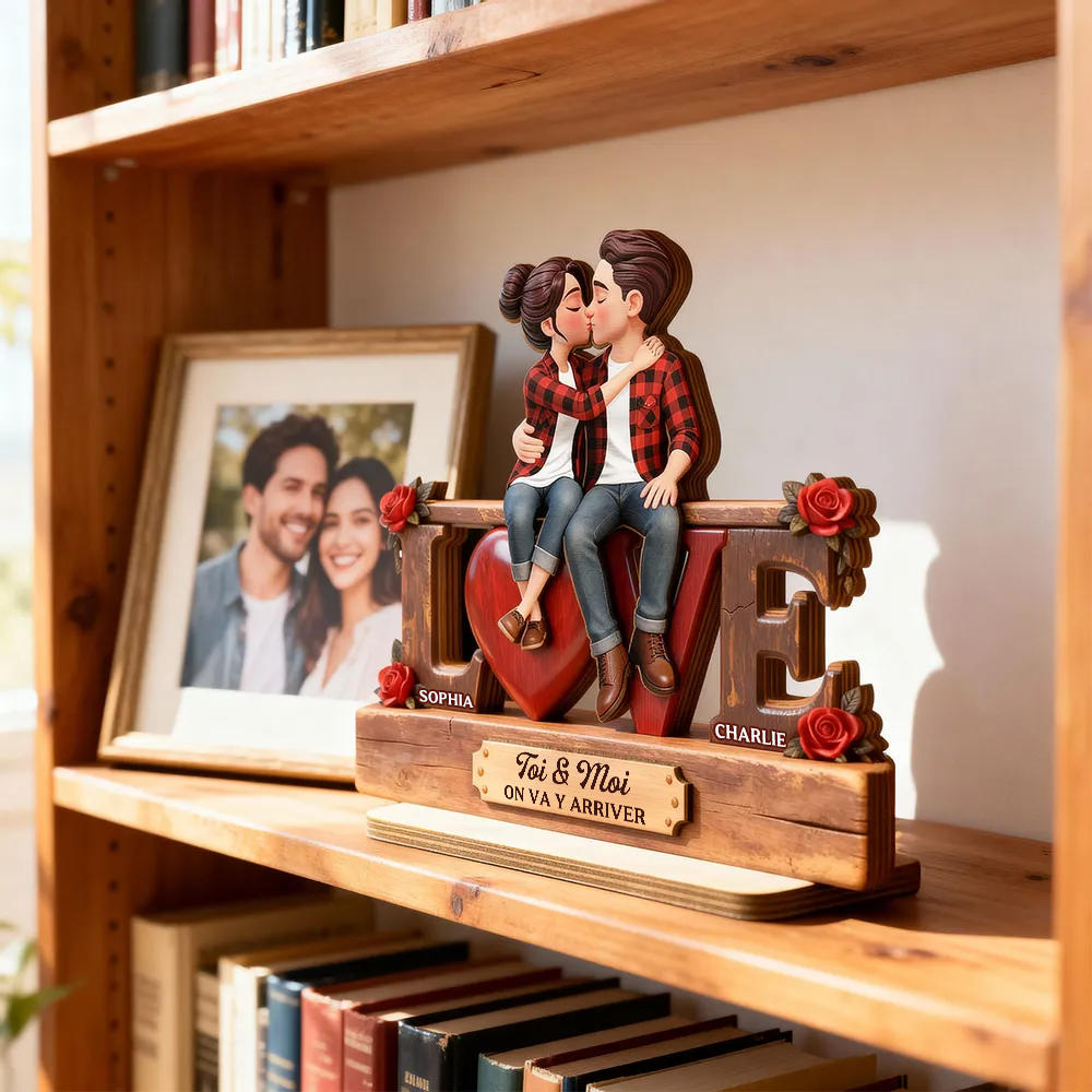 LOVE – Présentoir en bois personnalisé avec couple et texte – Cadeau pour anniversaire de mariage et Saint-Valentin