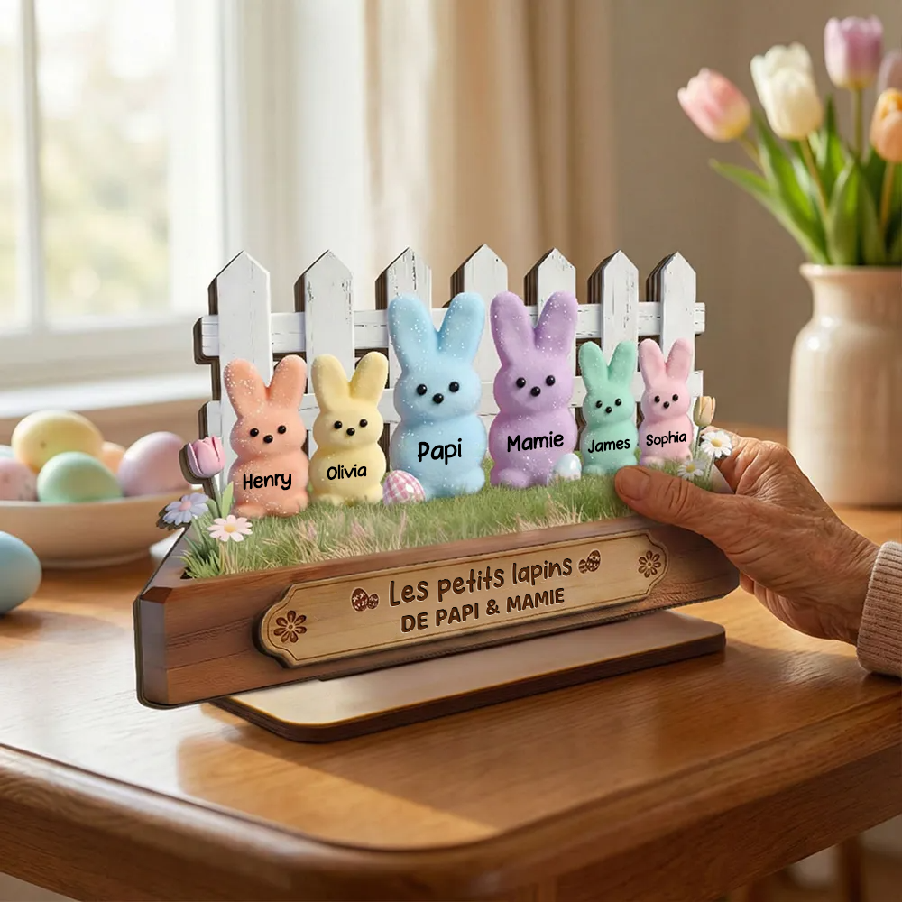 Décoration en bois personnalisé avec lapins – Cadeau pour papi et mamie