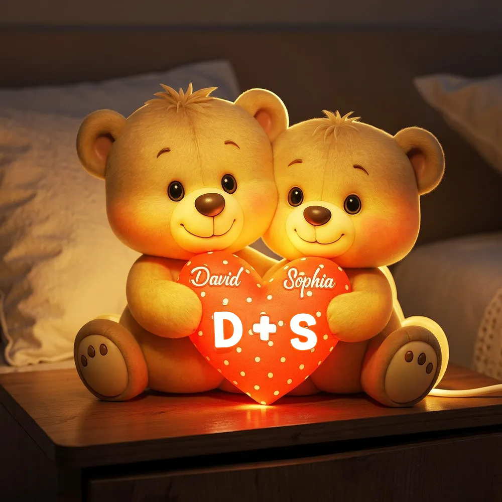 Ours et cœur - Boîte lumineuse LED personnalisée avec prénom - Cadeau pour couple