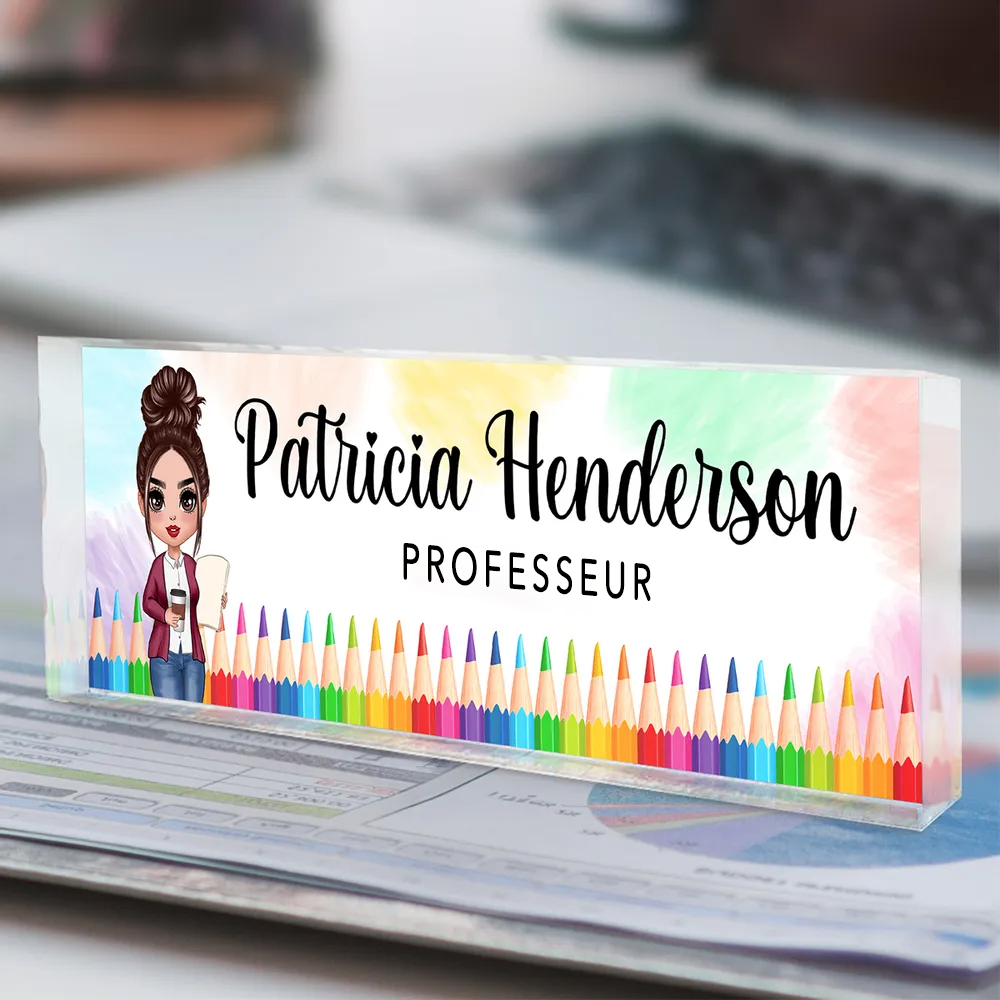 Plaque nominative en acrylique personnalisée – Pour enseignantes avec motifs de crayons de couleur