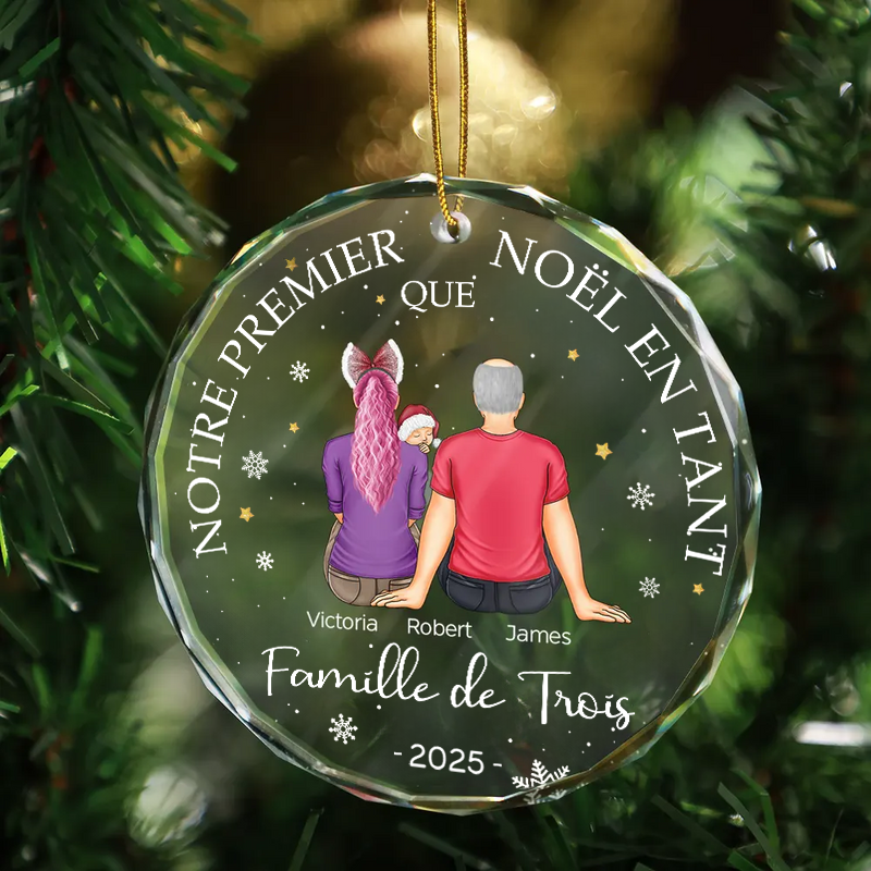 Notre premier Noël en famille... Orement de Noël personnalisée en verre avec bébé, chien et chat