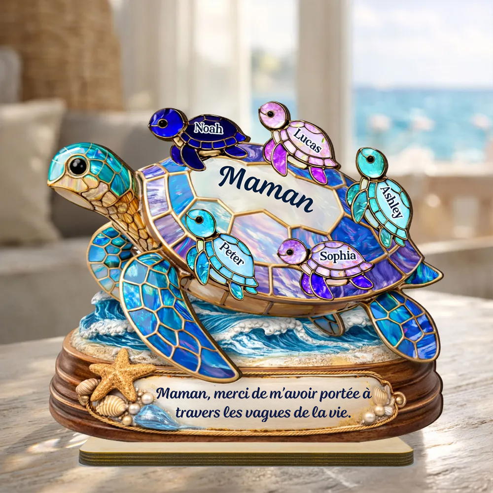Maman / mamie tortue avec enfants – Présentoir en bois personnalisé avec prénoms et texte