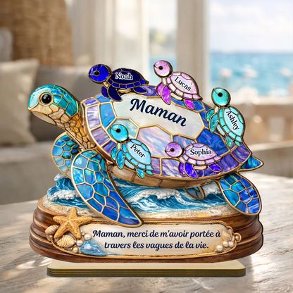 Maman / mamie tortue avec enfants – Présentoir en bois personnalisé avec prénoms et texte