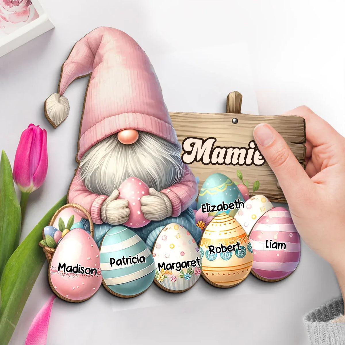 Plaque en bois personnalisée avec des nains et des œufs de Pâques – Cadeau de Pâques pour Mamie