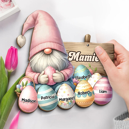 Plaque en bois personnalisée avec des nains et des œufs de Pâques – Cadeau de Pâques pour Mamie
