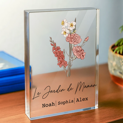 Bloc en acrylique personnalisé avec bouquet de fleurs de naissance, texte et prénoms – Cadeau pour maman et mamie