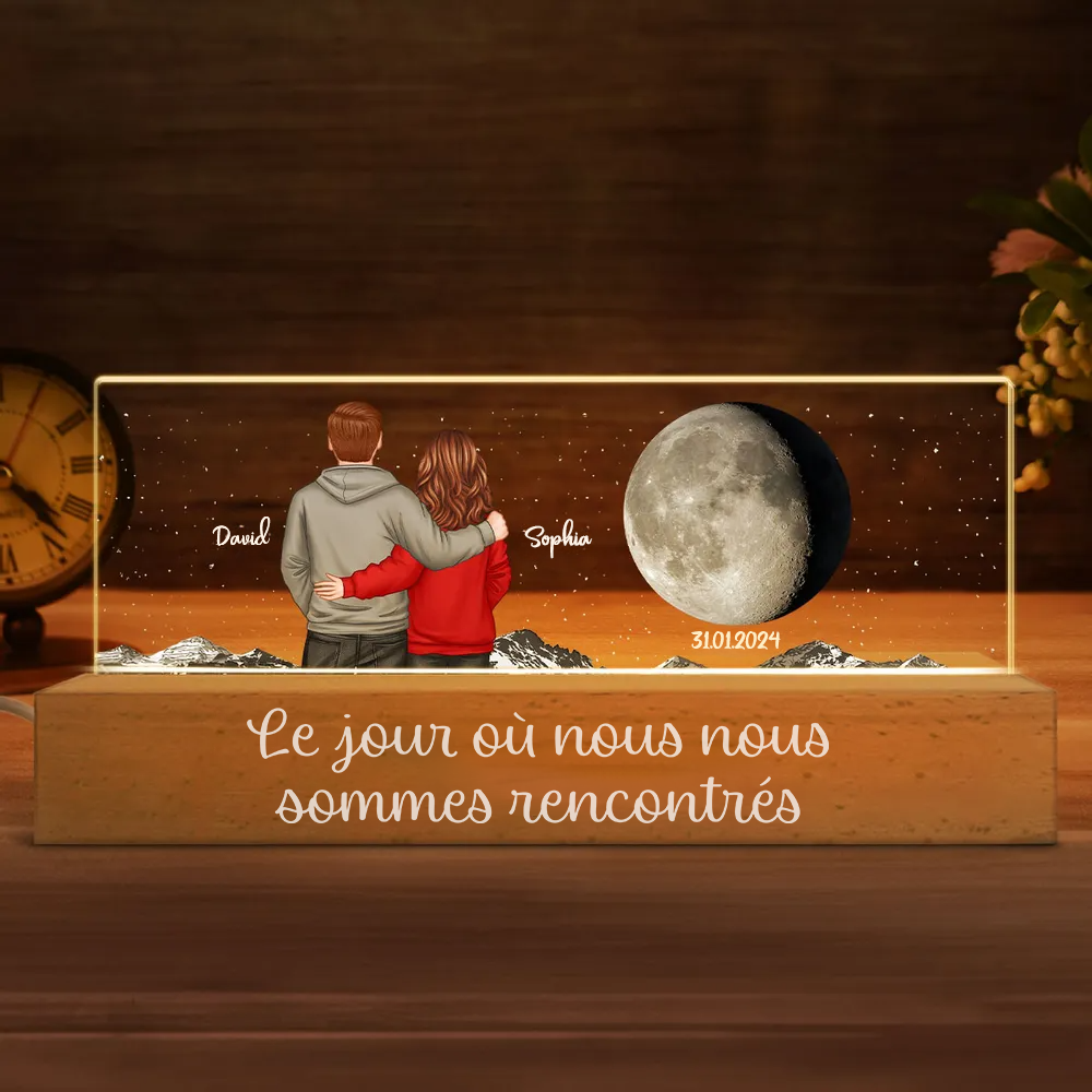 Couple sous la lune - Veilleuse LED personnalisée avec phase lunaire, couple et texte