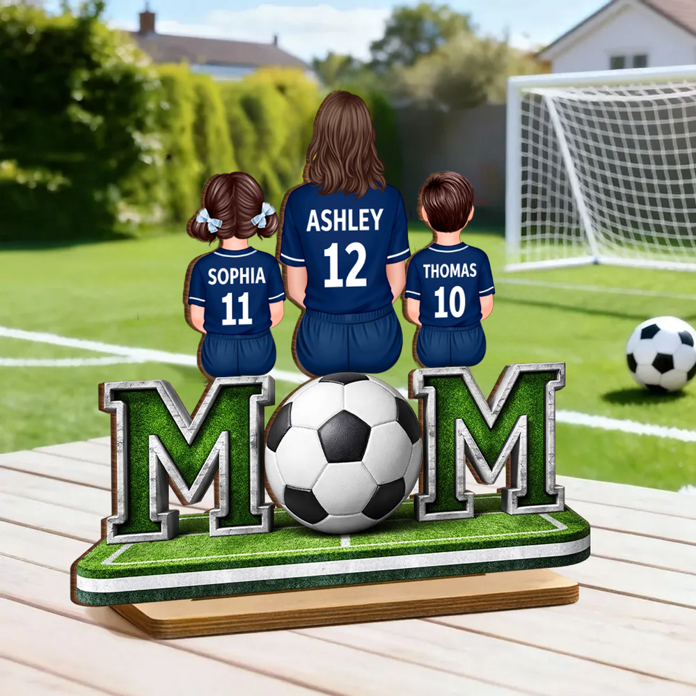 MOM – Présentoir en bois personnalisé avec motif football, maman et enfants