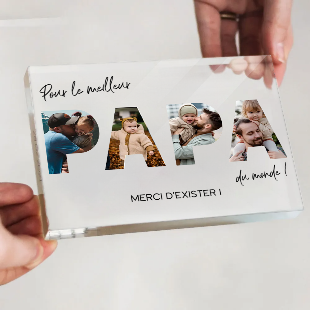 Bloc en acrylique avec photos et texte « Pour le meilleur papa du monde » – Cadeau pour père