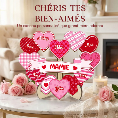 Décoration en bois personnalisé « Les trésors de mamie » avec cœurs – Cadeau pour maman et mamie