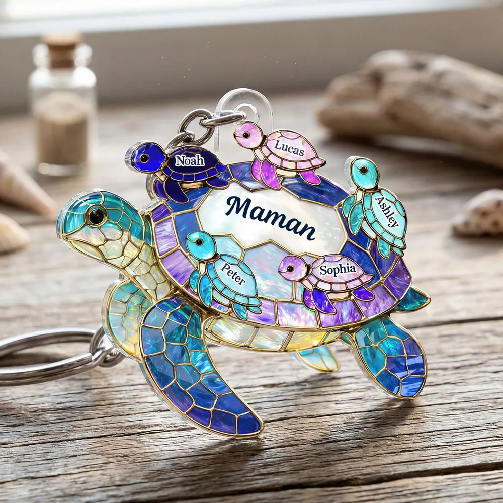 Porte-clés en acrylique avec tortues marines et prénoms – Cadeau pour mamie et maman