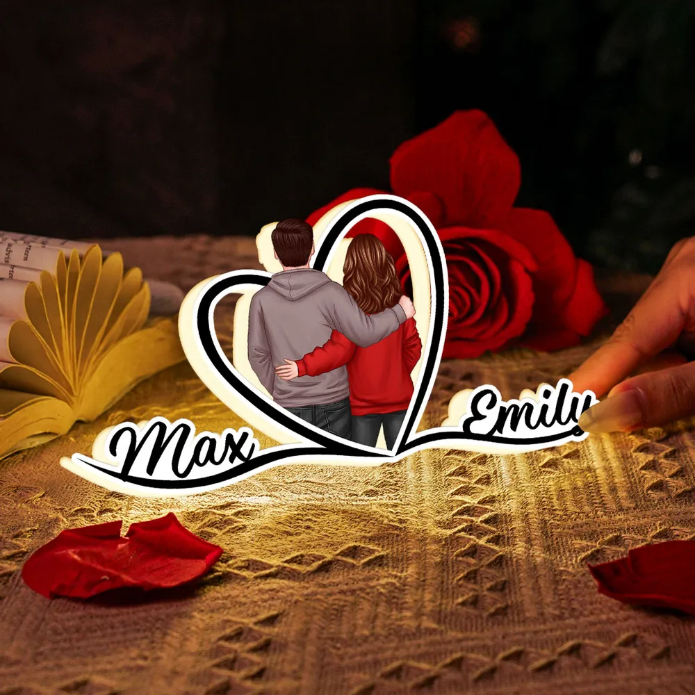 Couple avec cœur - Boîte lumineuse personnalisée avec noms et personnages - Cadeau pour la Saint-Valentin