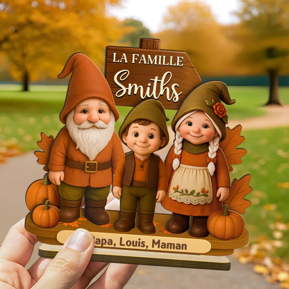 Famille de gnomes saison d’automne – Plaque en bois personnalisée avec noms