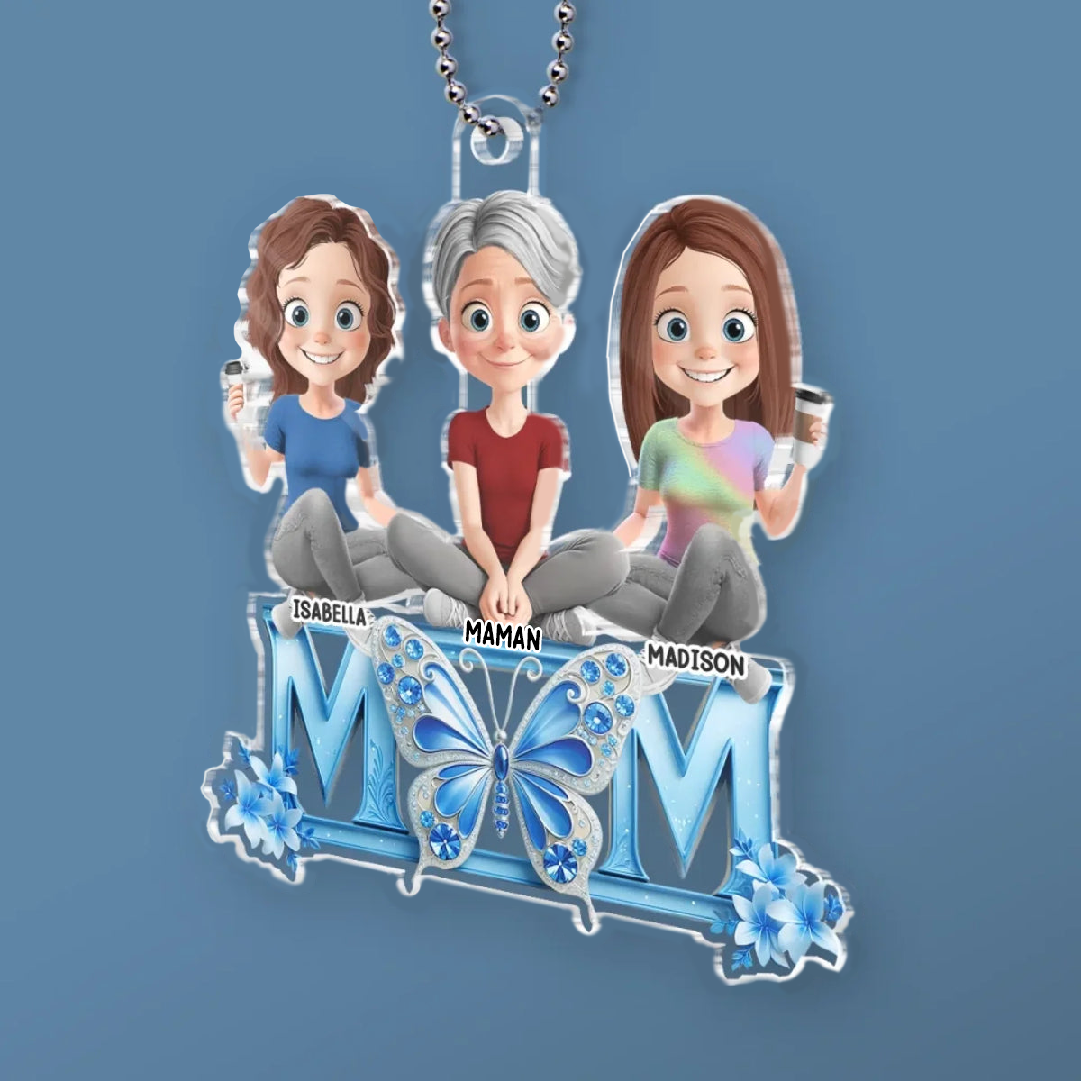 Pendentif en acrylique « MOM » avec maman et filles