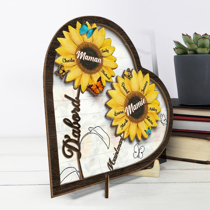D’abord… Maintenant… – Présentoir en bois personnalisé avec tournesols – Cadeau pour maman et mamie