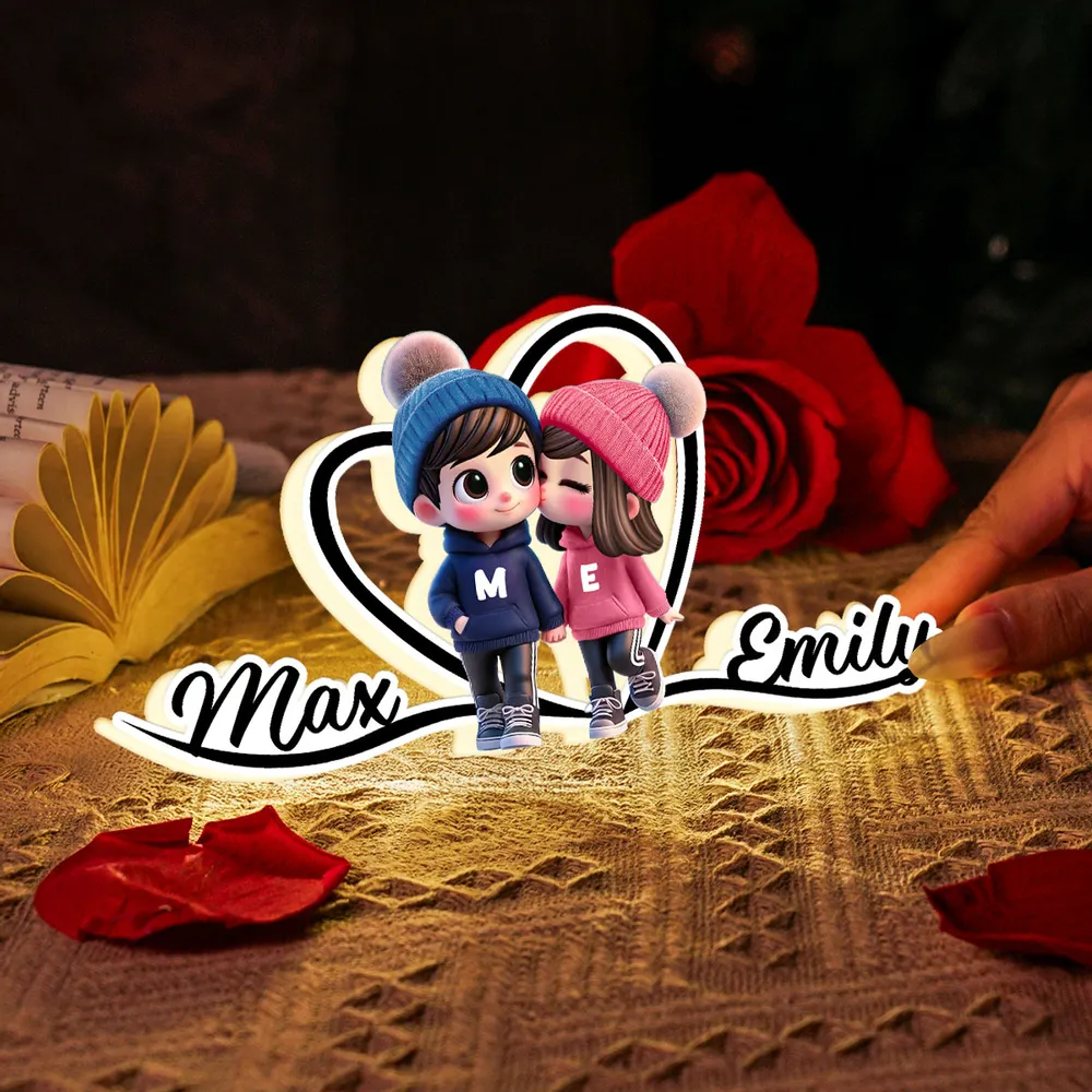 Joli couple et cœur - Boîte lumineuse personnalisée avec prénoms - Cadeau pour la Saint-Valentin