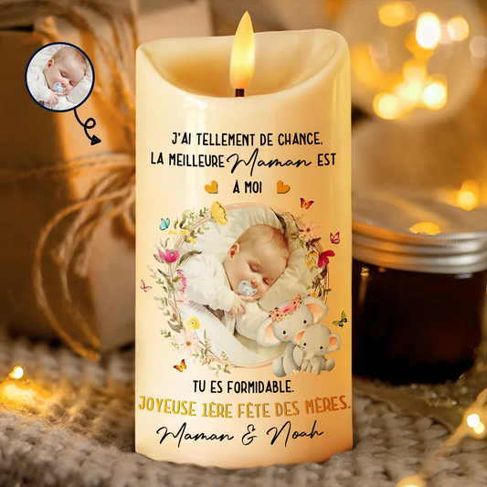 Bougie LED « La meilleure maman est à moi » avec photo et texte – Cadeau pour jeune maman