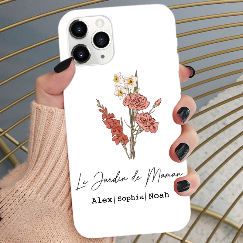 Coque en silicone personnalisée avec bouquet de fleurs de naissance – Cadeau pour maman et mamie, compatible iPhone et Samsung