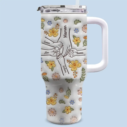 Main dans la main – Gobelet isotherme personnalisé 40oz avec paille, cadeau pour maman, mamie – Tasse imprimée avec effet 3D gonflé