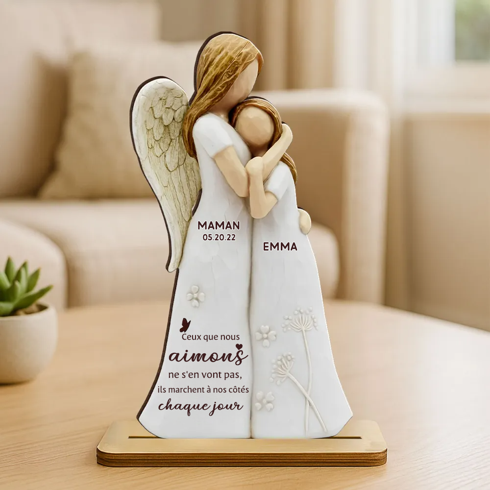 Fille avec maman ange / papa ange – Présentoir en bois personnalisé avec prénom – Cadeau commémoratif