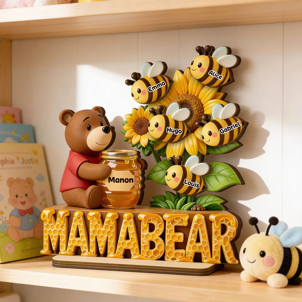 Décoration en bois personnalisé « Maman Ourse » avec abeilles – Cadeau pour maman et Papa