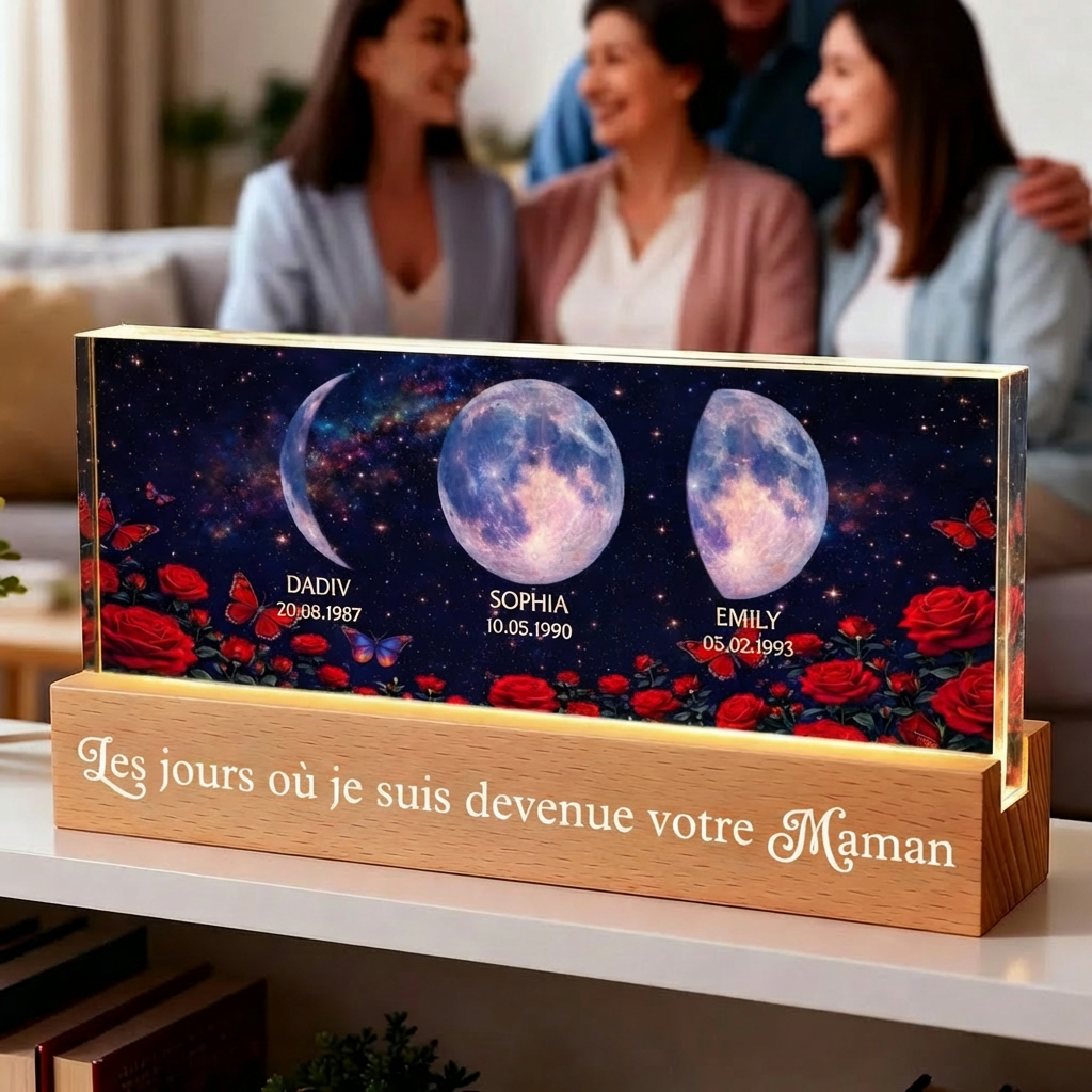 Roses et phases de lune – Veilleuse LED personnalisée avec texte et phases lunaires – Cadeau pour maman et mamie