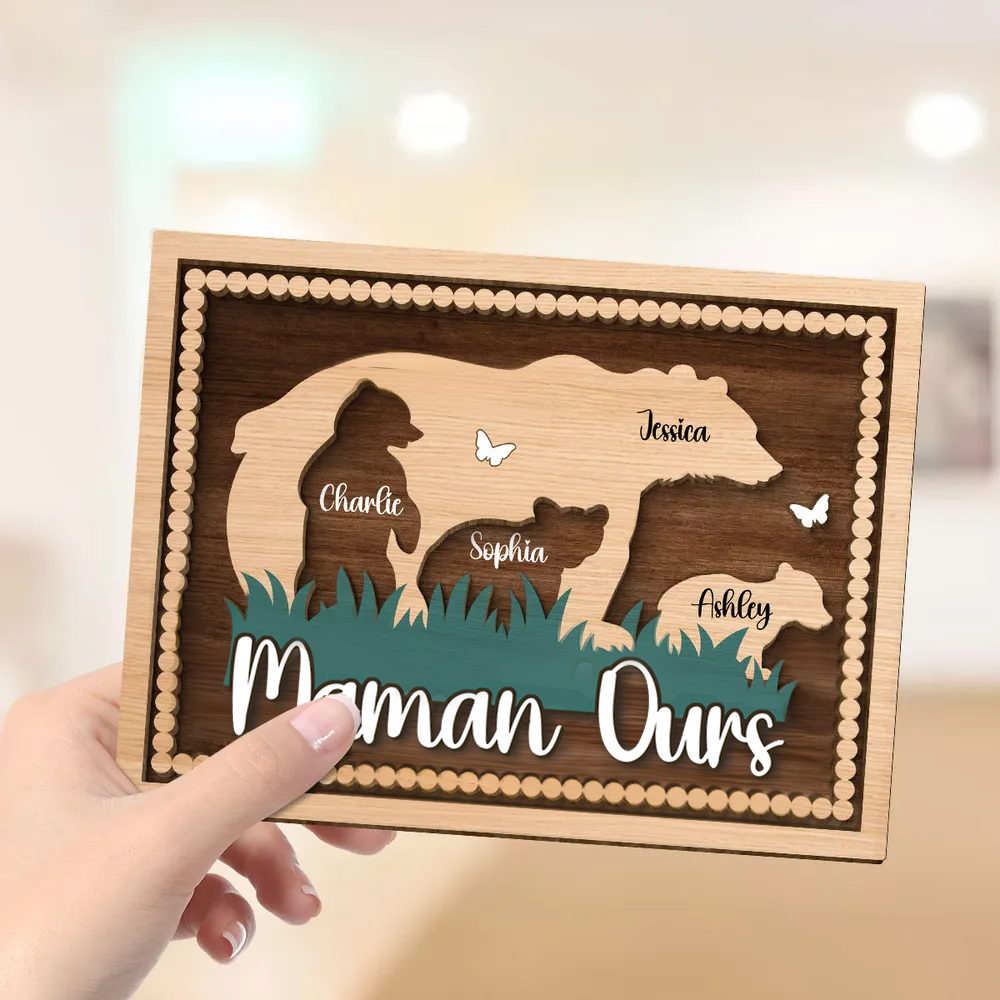 Décoration en bois personnalisé à 2 couches « Maman Ourse » avec motif d’ours