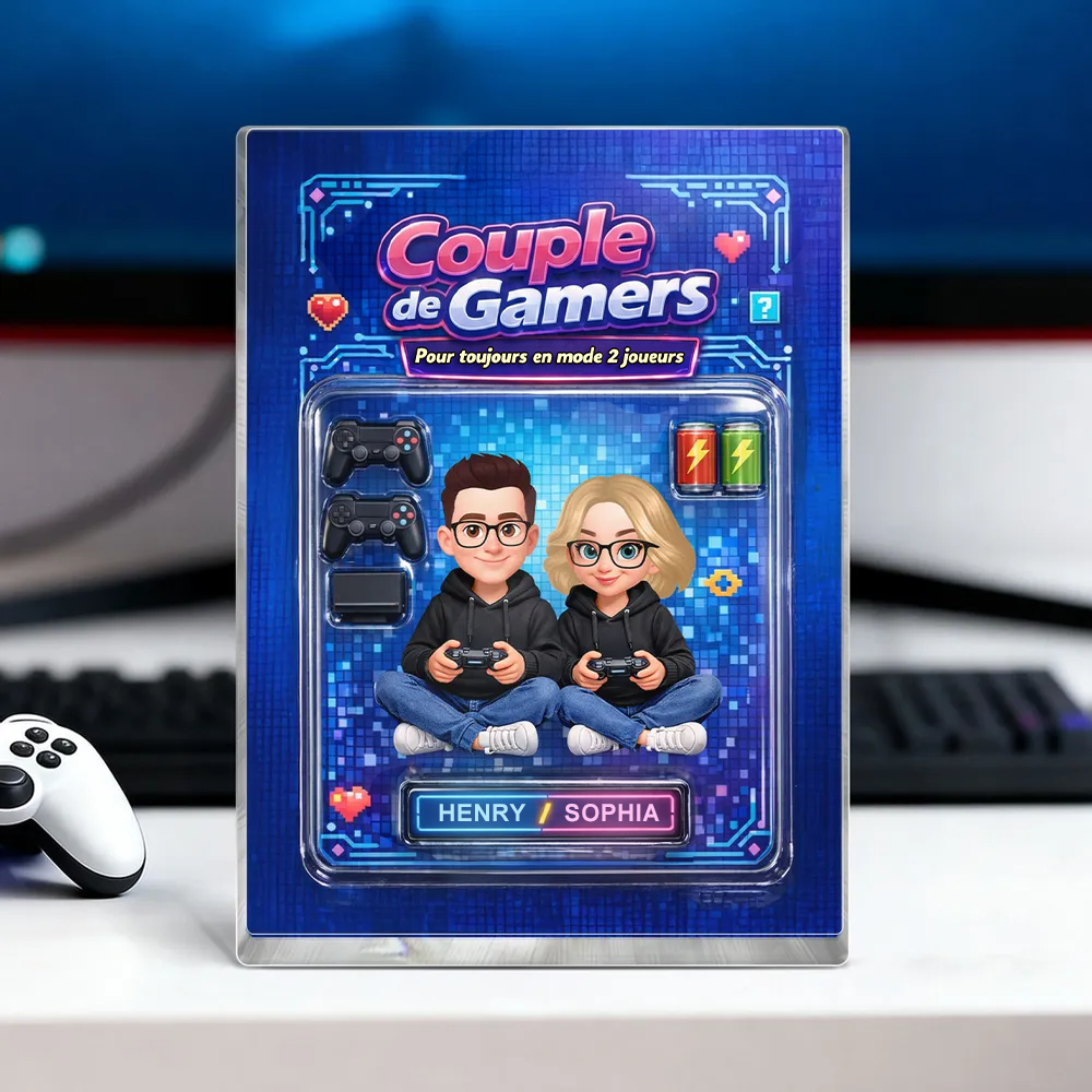 Couple de gamers – Bloc en acrylique personnalisé avec couple et prénoms